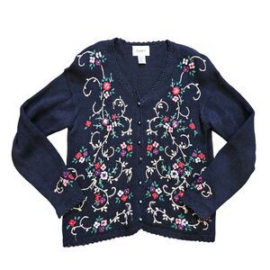 Vtg Jenny Embroidered Floral Cardigan Womens M Blue Cottagecore Grandmacore Boho